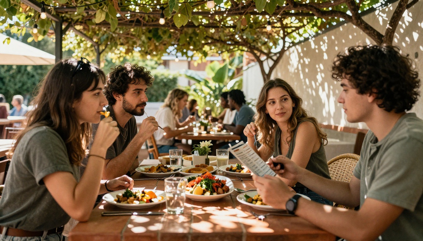 Diners at a sunny patio restaurant sharing dishes and a phone menu Diners at a sunny patio restaurant sharing dishes and a phone menu