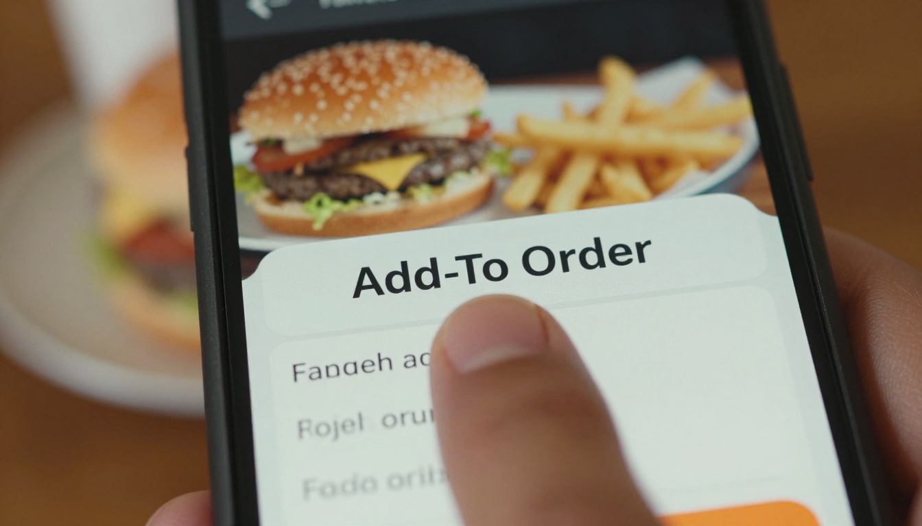 Finger tapping an add-to-order button on a phone with a burger photo menu Finger tapping an add-to-order button on a phone with a burger photo menu
