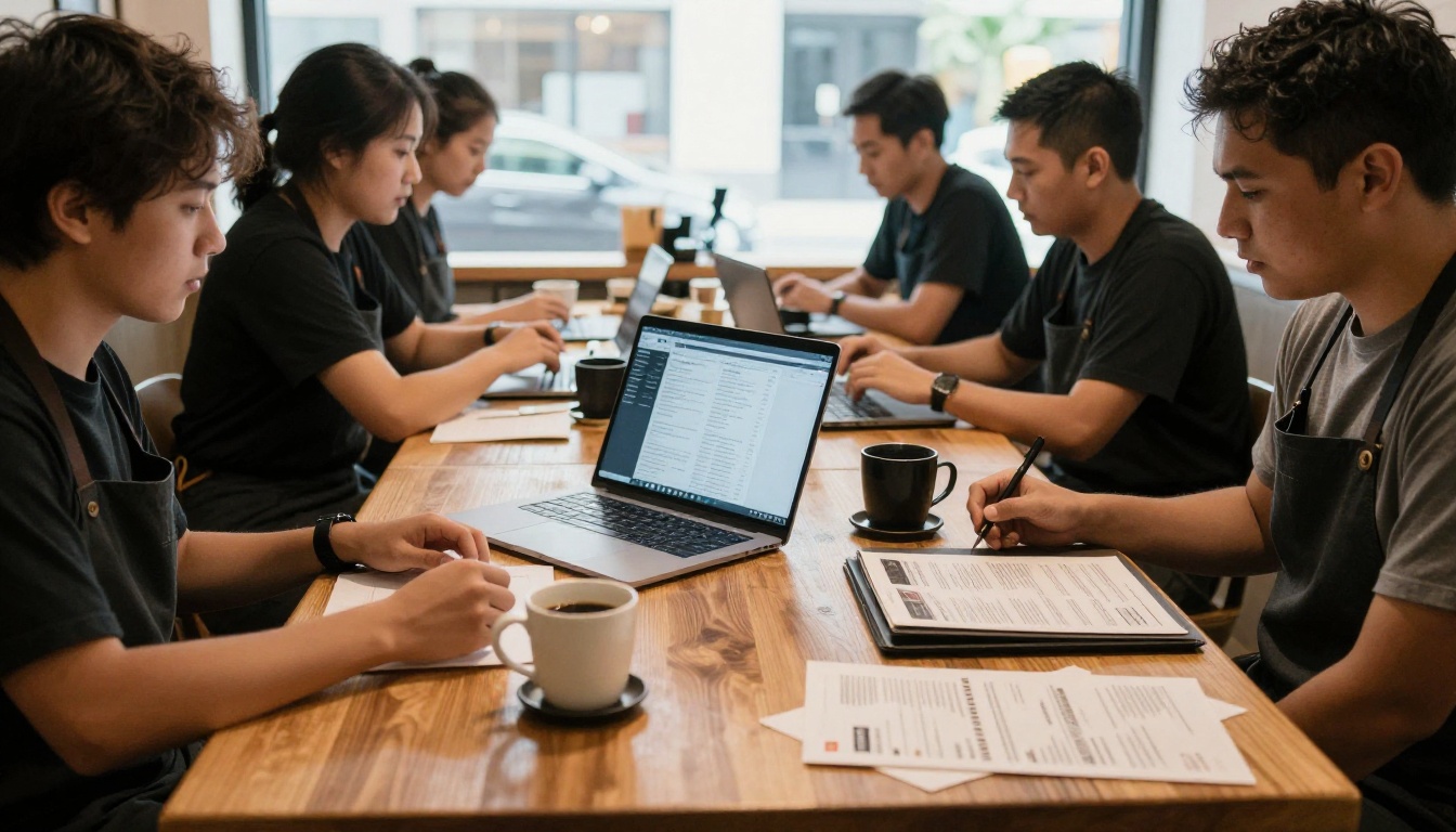 Restaurant team around a table planning menu layout on a laptop Restaurant team around a table planning menu layout on a laptop