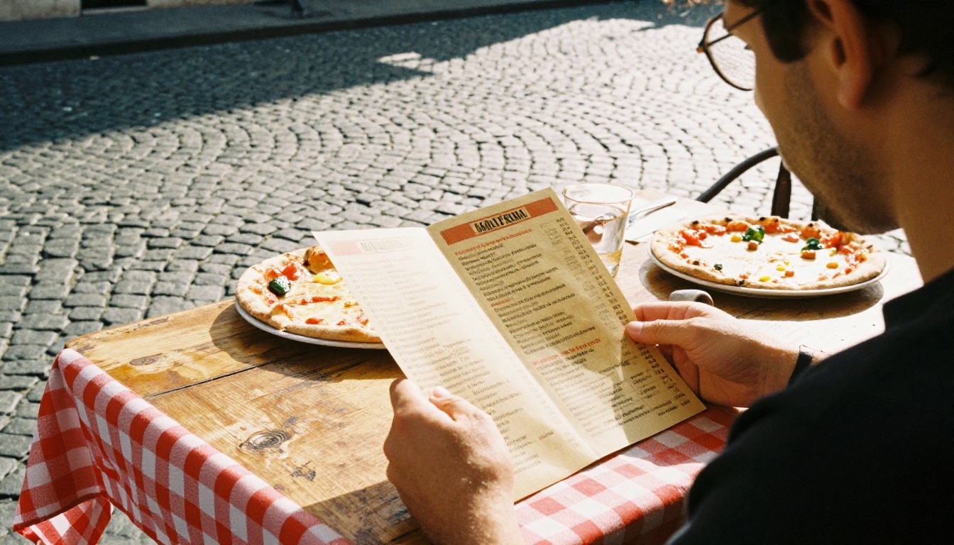 Tourist reading a translated phone menu at a street side trattoria Tourist reading a translated phone menu at a street side trattoria