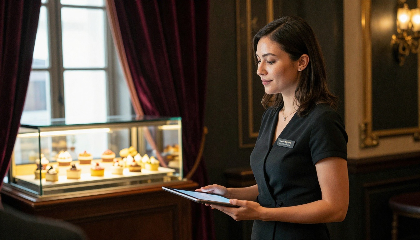Hostess with a tablet welcoming guests at an elegant restaurant entrance Hostess with a tablet welcoming guests at an elegant restaurant entrance