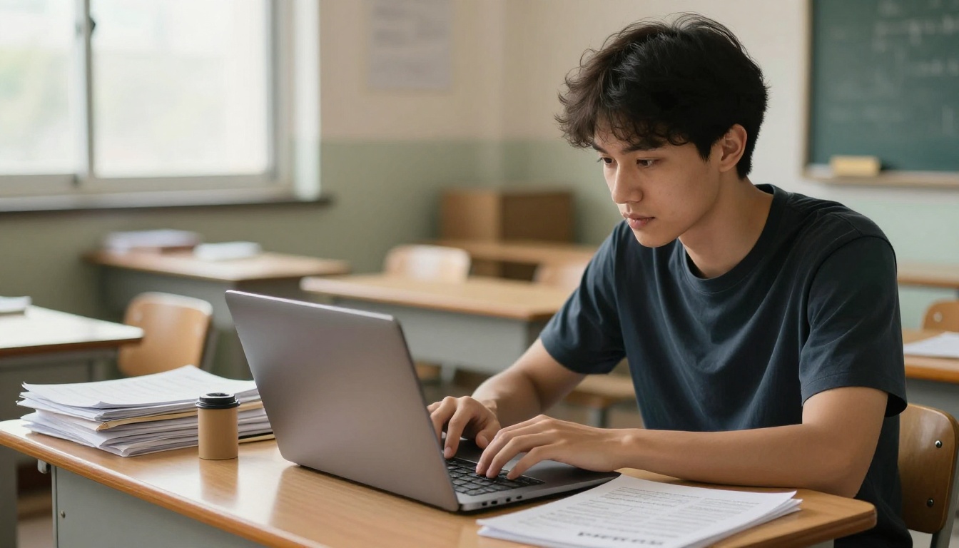 Teacher at a desk typing a lesson plan on a laptop