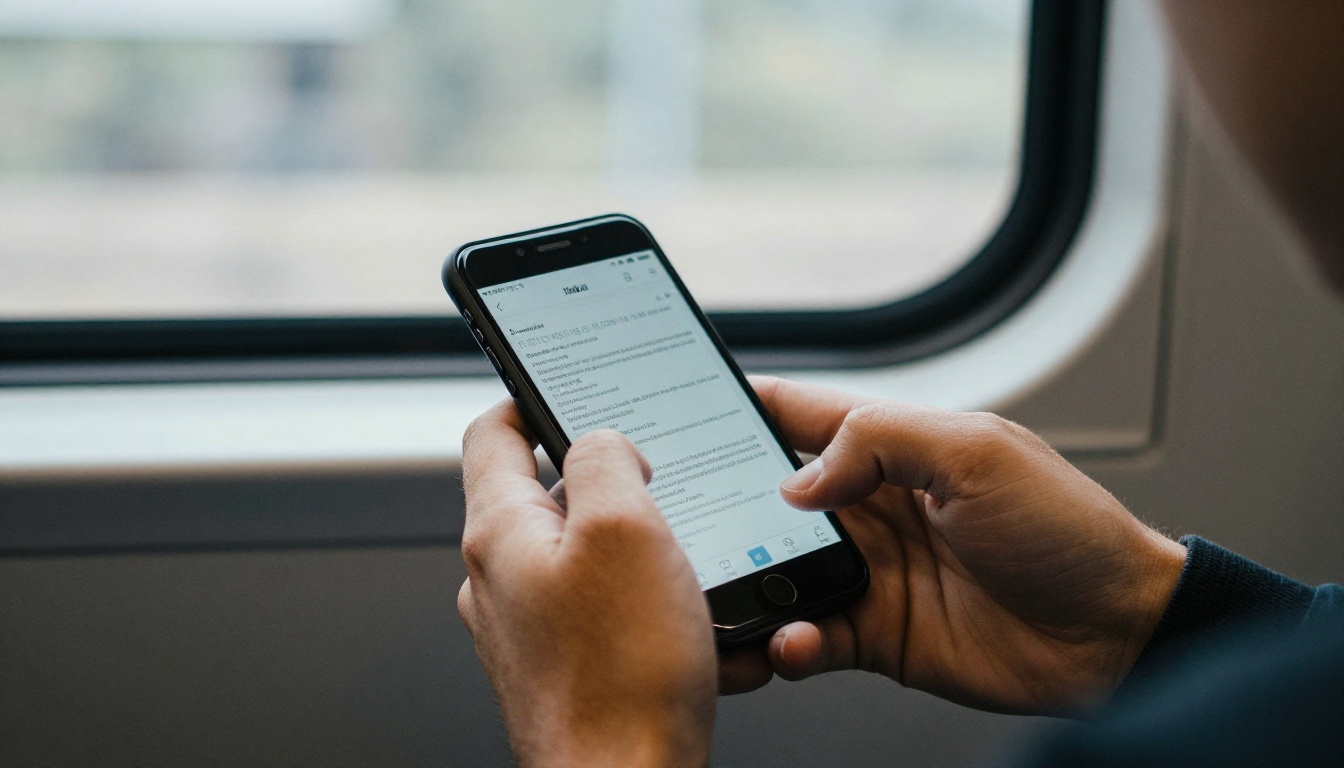 A man reads a long report on his Android phone on a commuter train