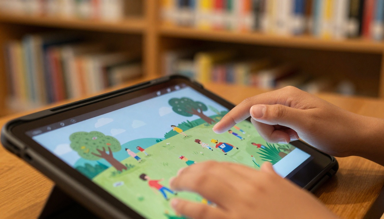 Student hands swiping a tablet with a colorful digital storybook
