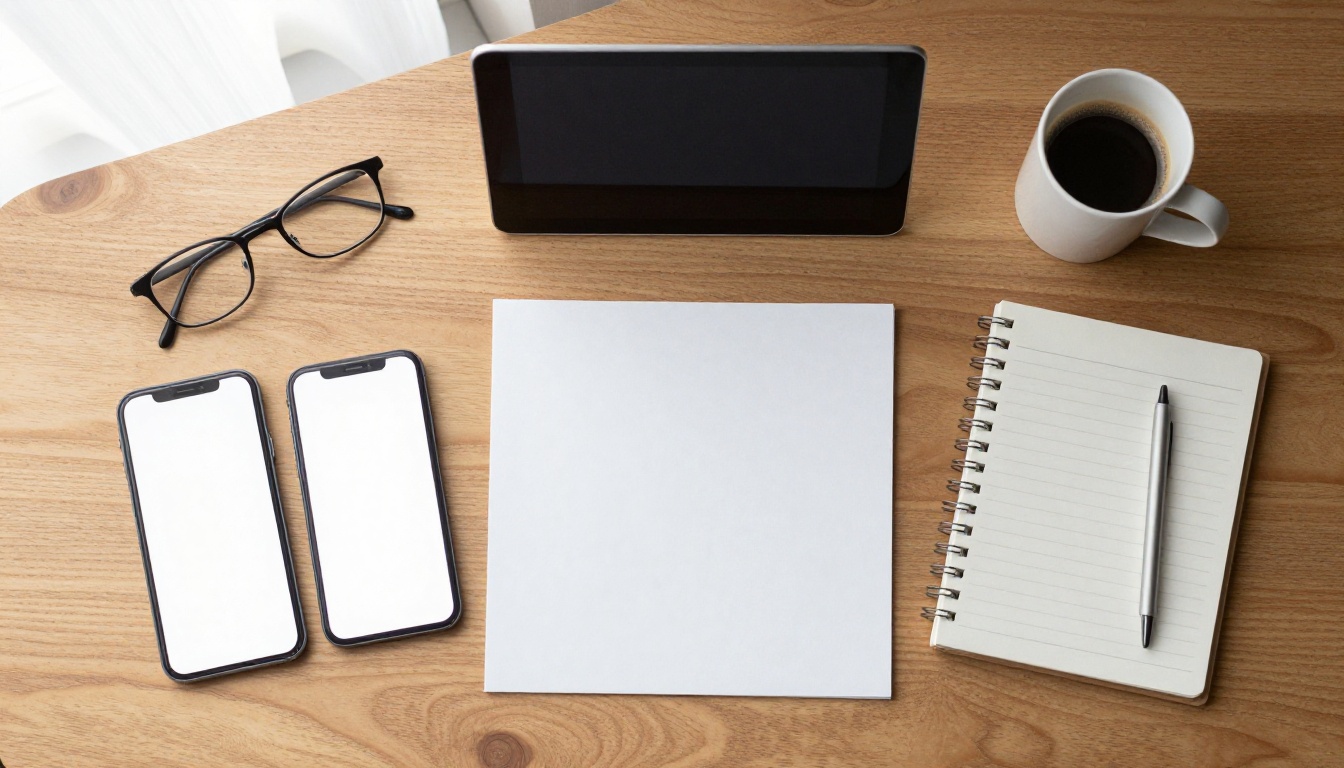 A flat lay of two phones and a tablet on a wooden desk with a coffee mug