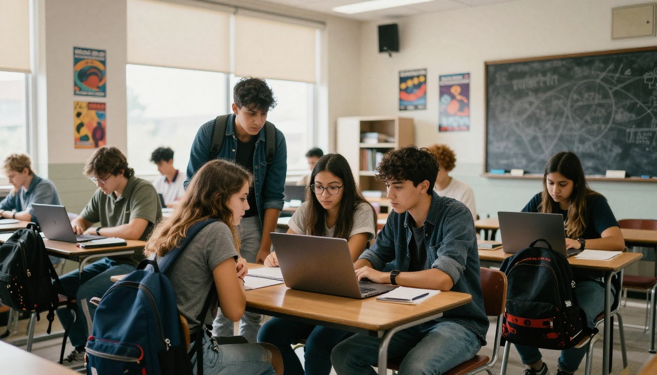 Three students collaborating on a laptop in a high school classroom