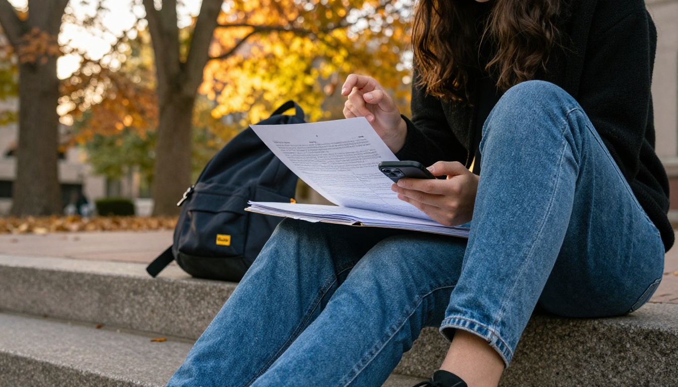 A student highlights a document on an iPhone while sitting on campus steps