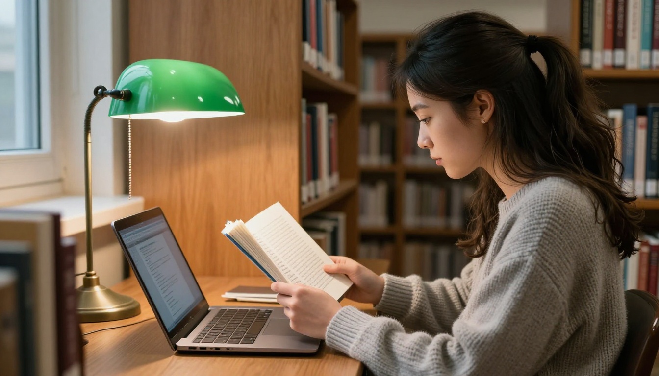 College student reading a digital book on a laptop in a university library
