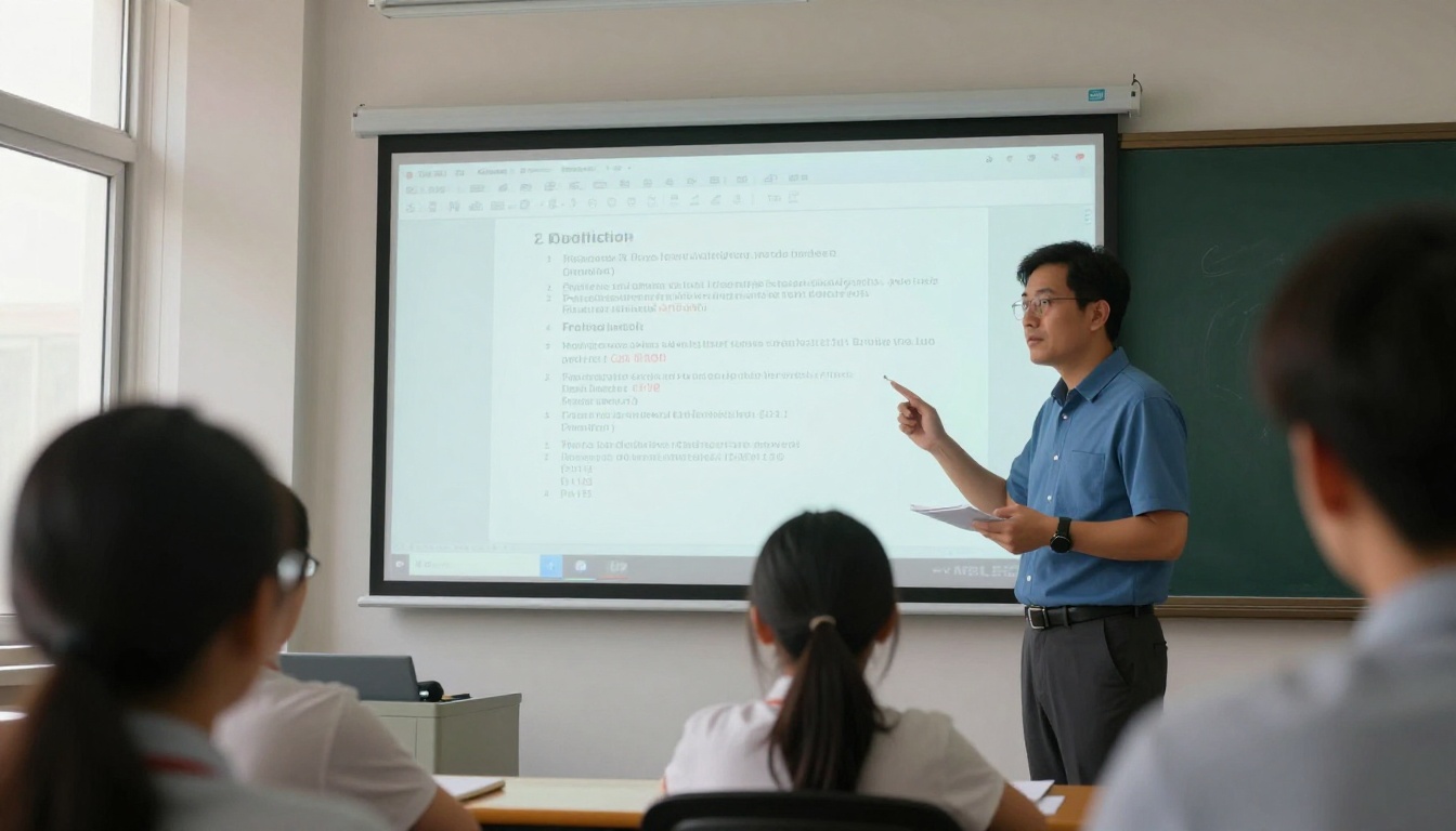 Teacher presenting a digital workbook on a projector to a class