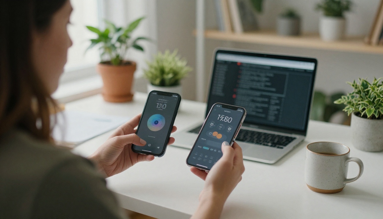 A woman compares two smartphones at a bright home office desk