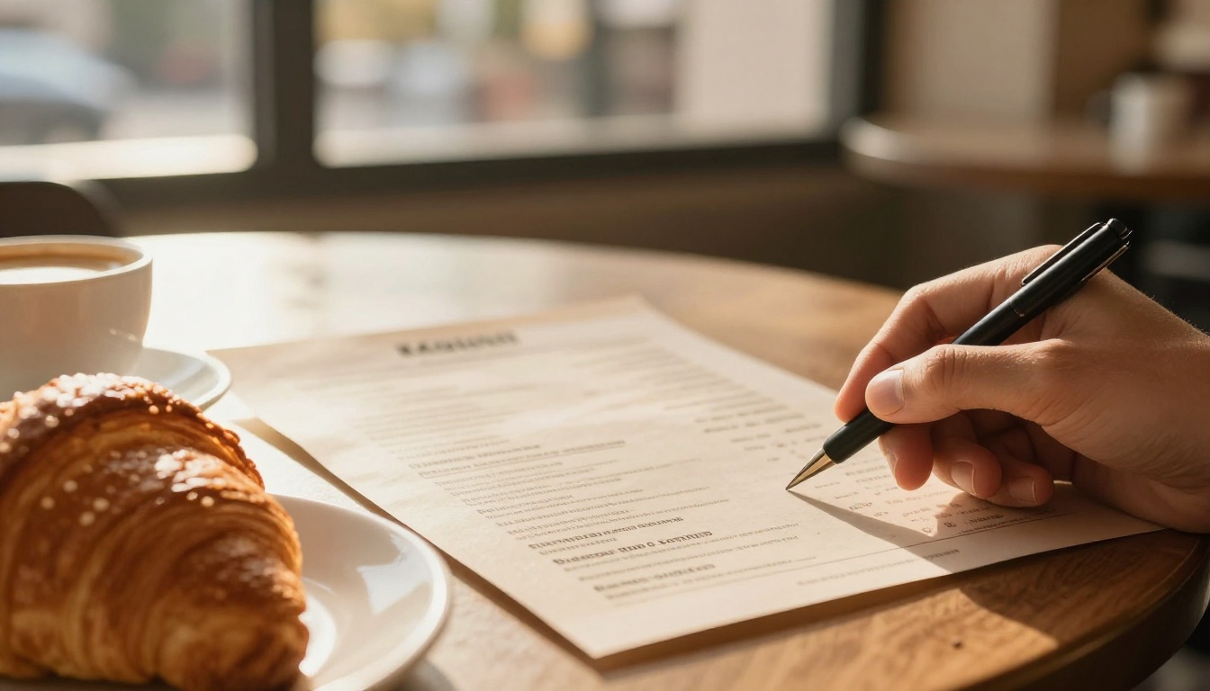 Diner holding a printed menu at a sunlit cafe table