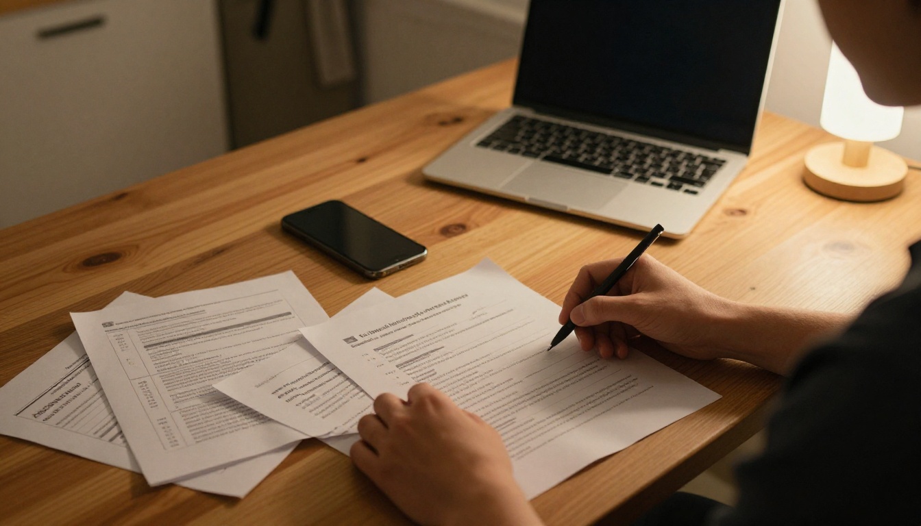 Teacher's hands arranging printed worksheets next to a laptop at home