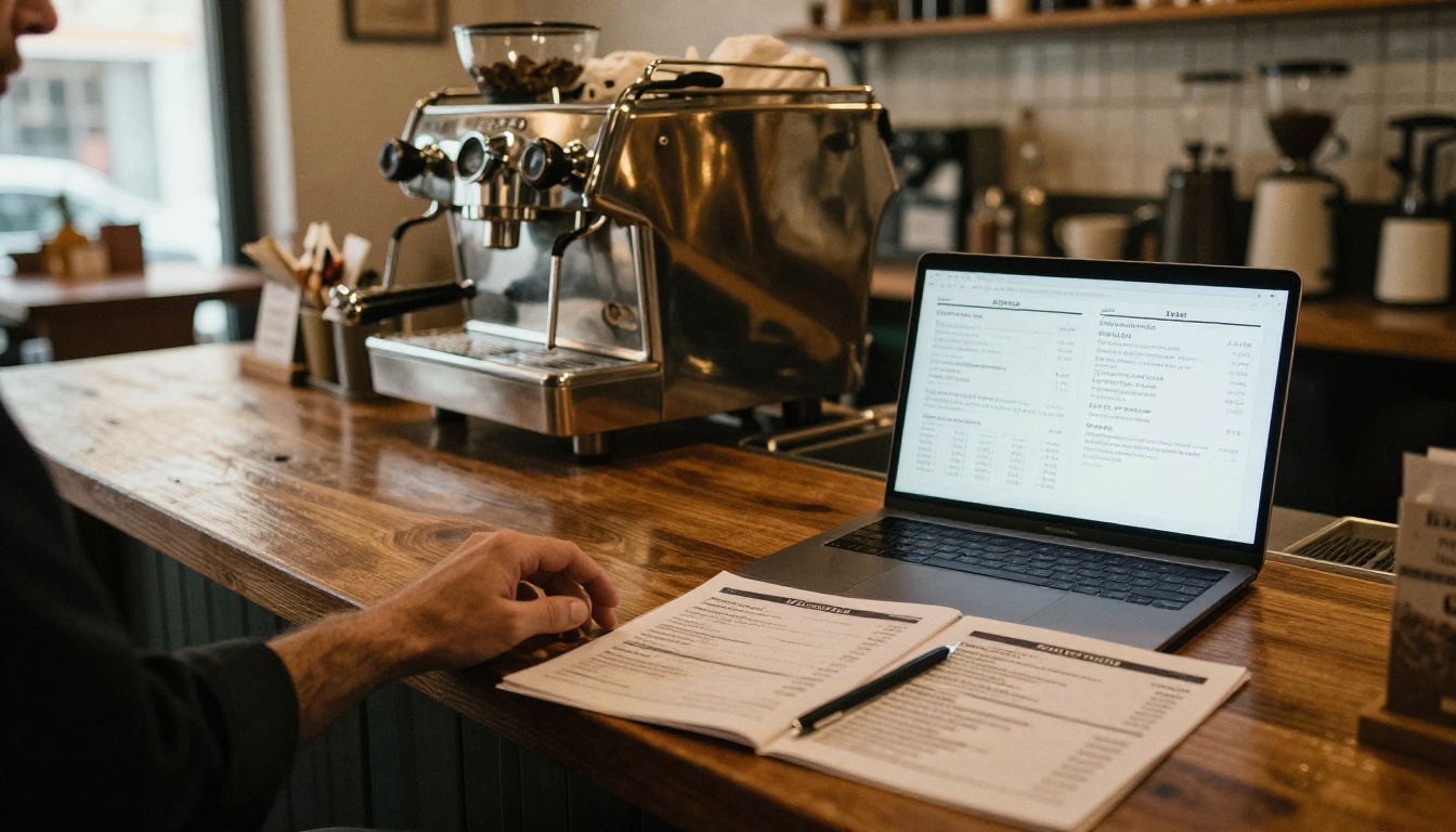 Restaurant manager comparing menu layouts on a laptop