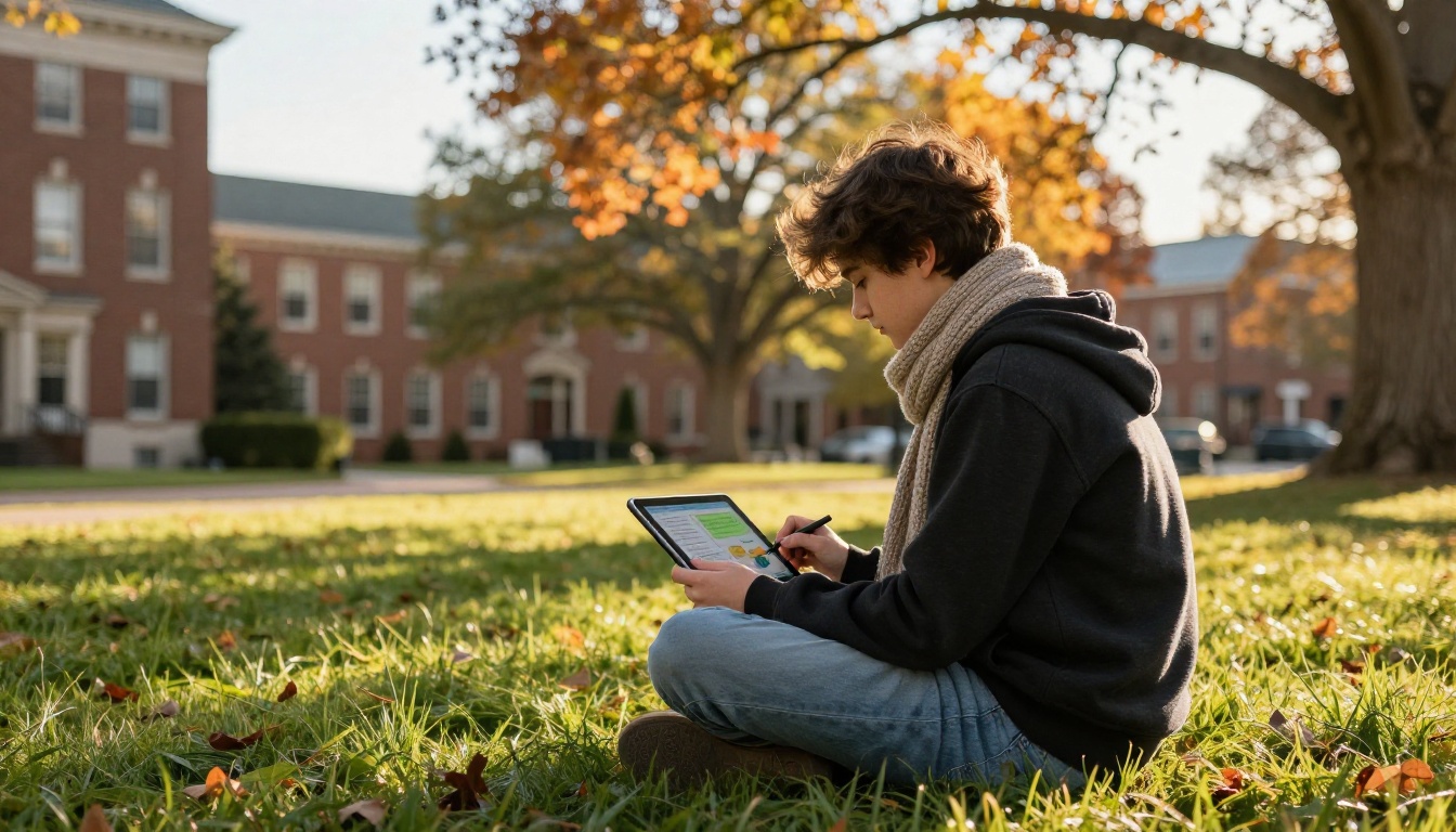 Student on a campus lawn reading an interactive e-book on a tablet