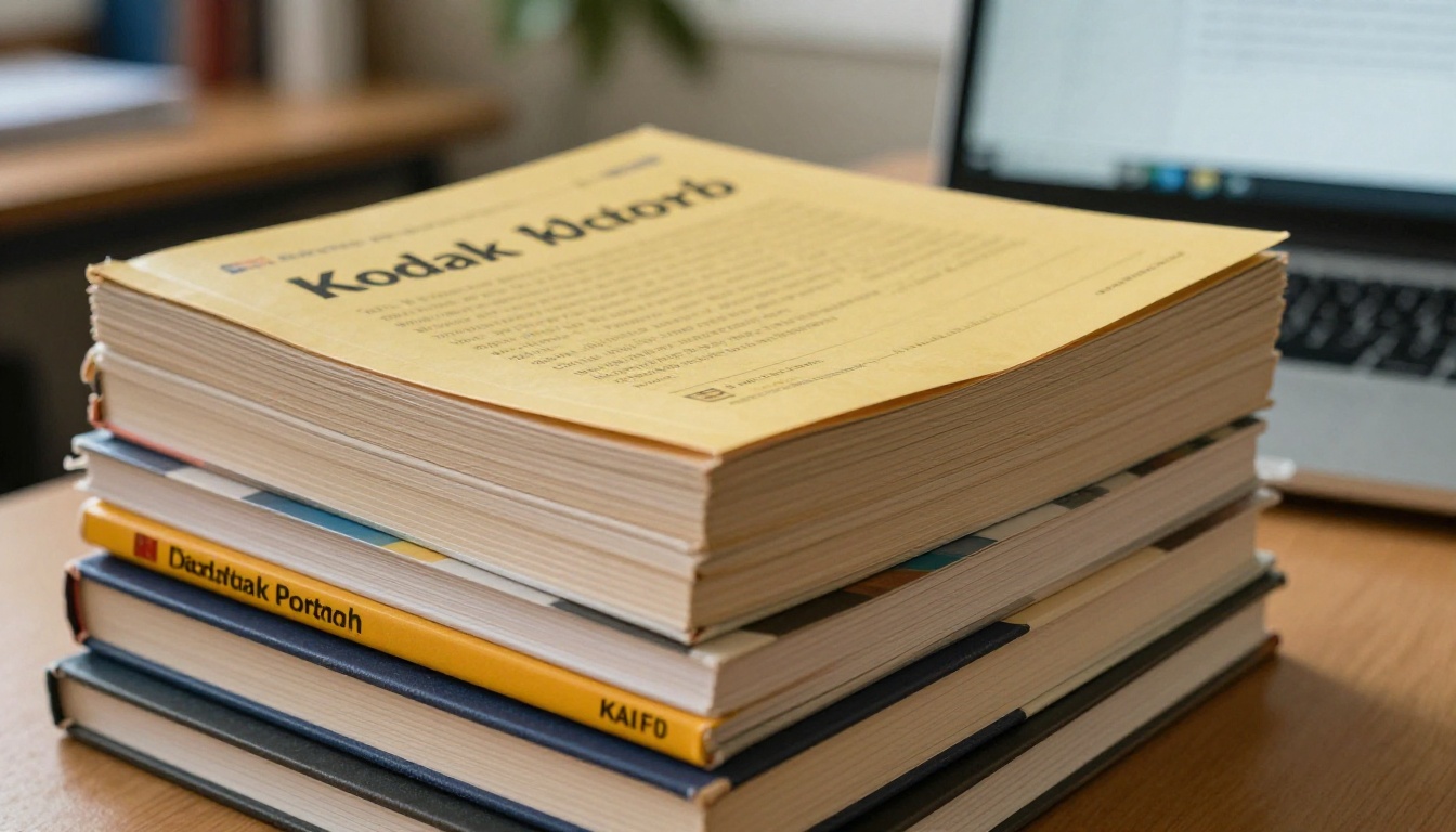 Stack of printed textbooks beside a laptop displaying a digital flipbook