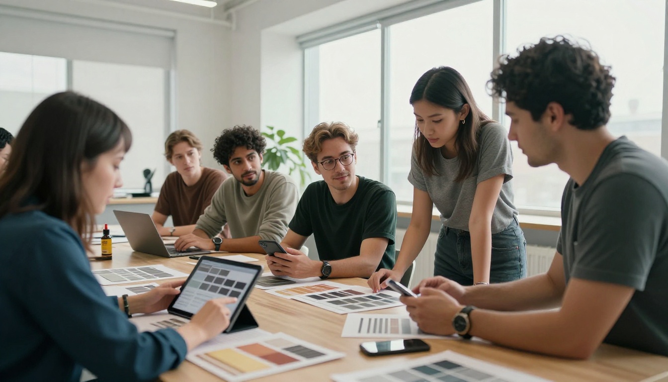 A small design team reviews a catalog on a tablet and phone together