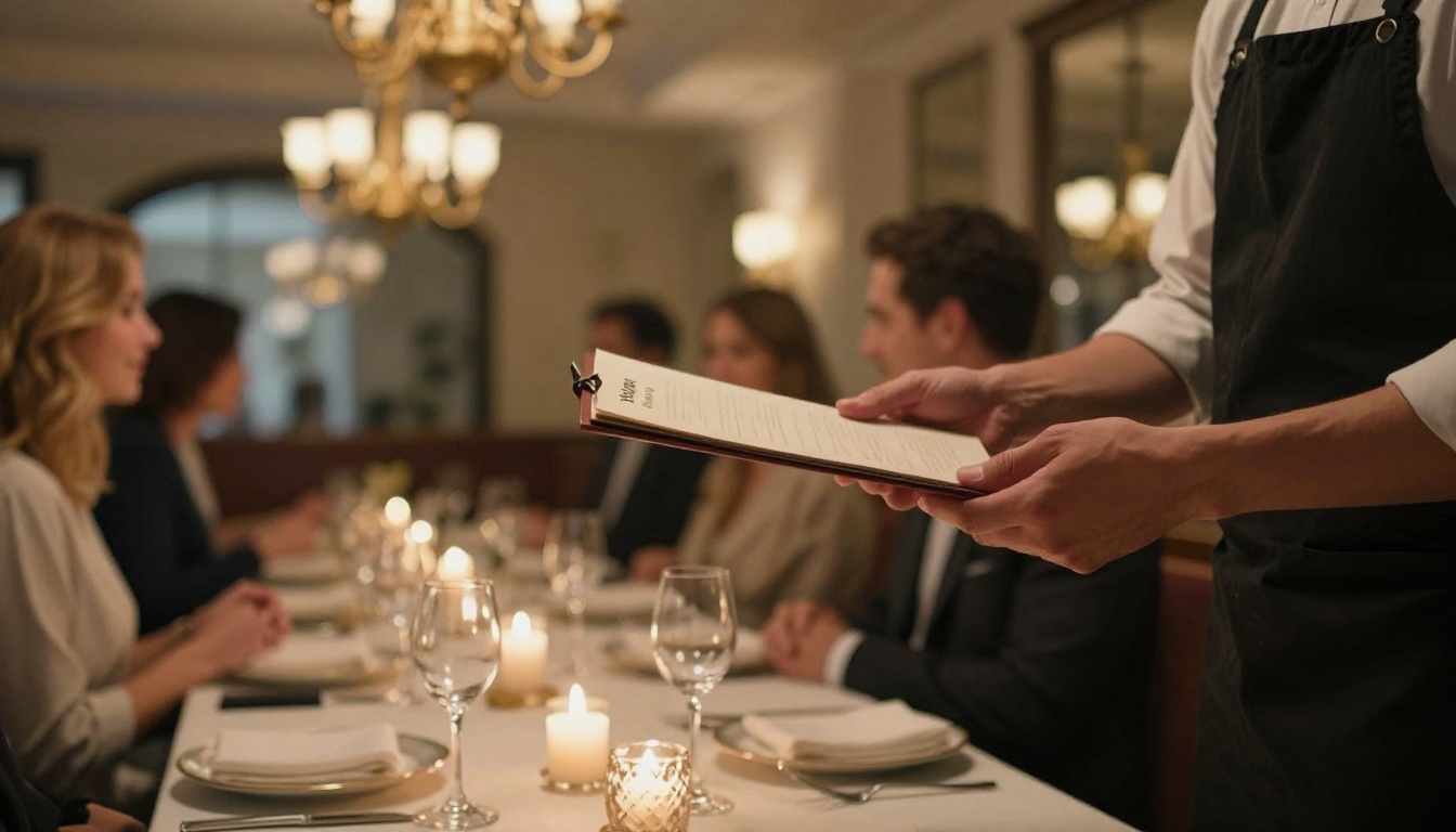 Waiter handing a menu to guests in an upscale dining room