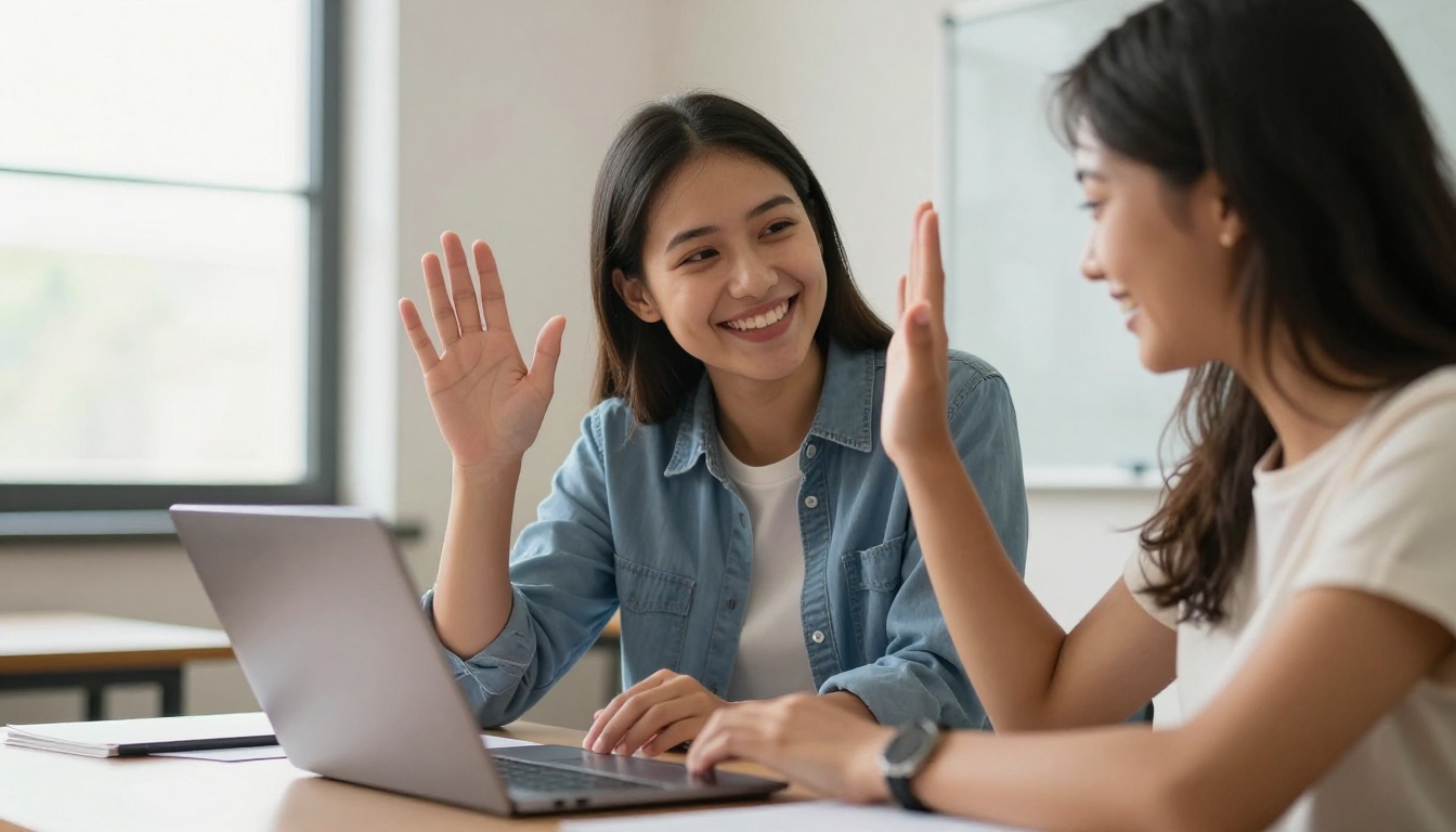 Smiling teacher and student high-fiving over a laptop in a sunlit classroom