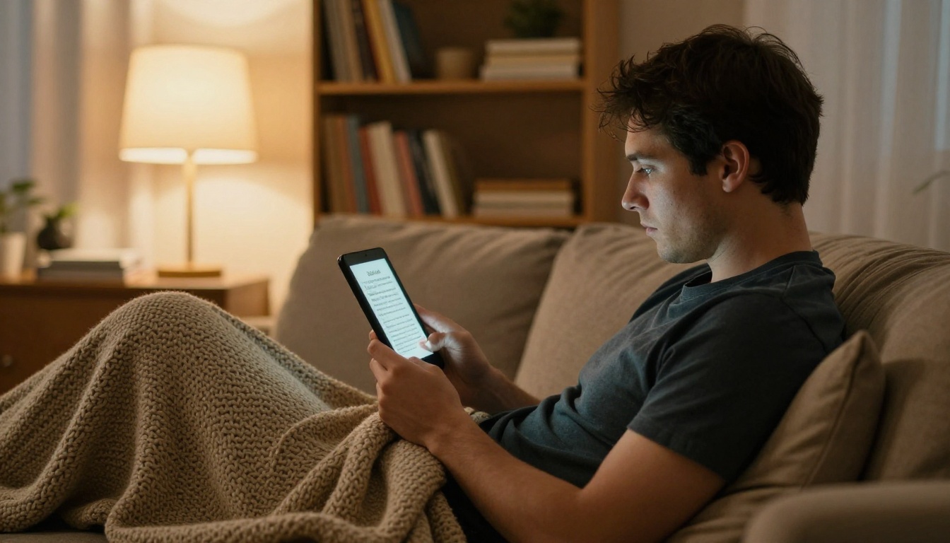 A man reads an ebook on his phone on a sofa in the evening