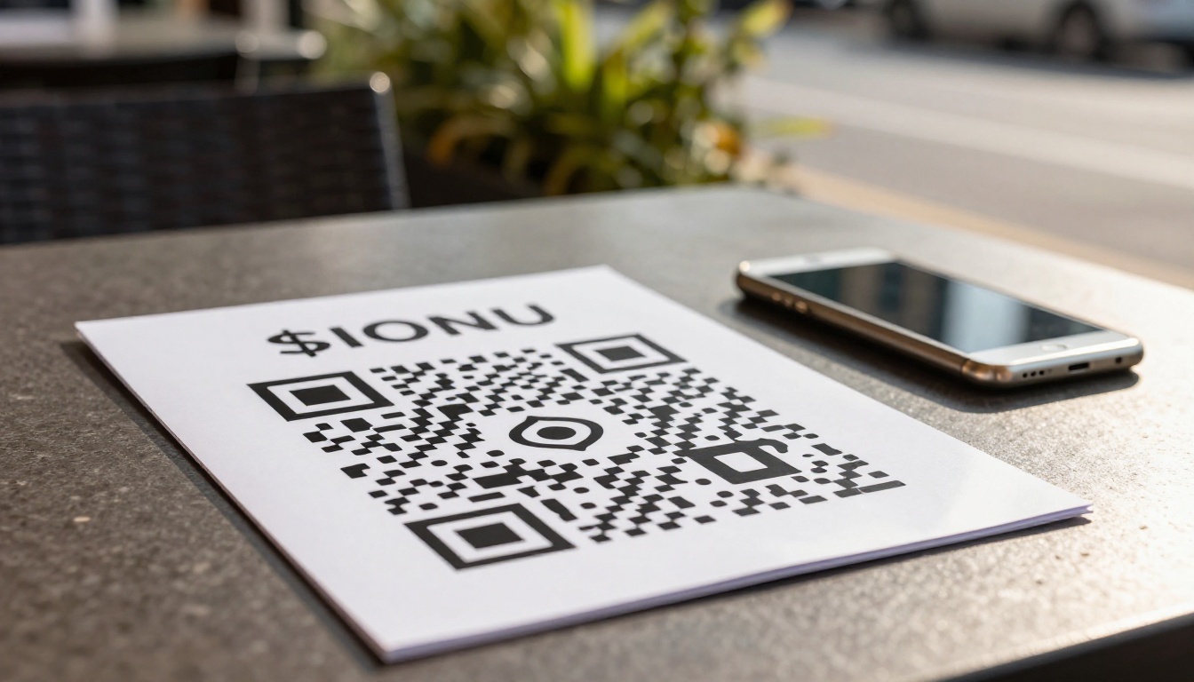 QR code table tent beside a printed menu on a terrace