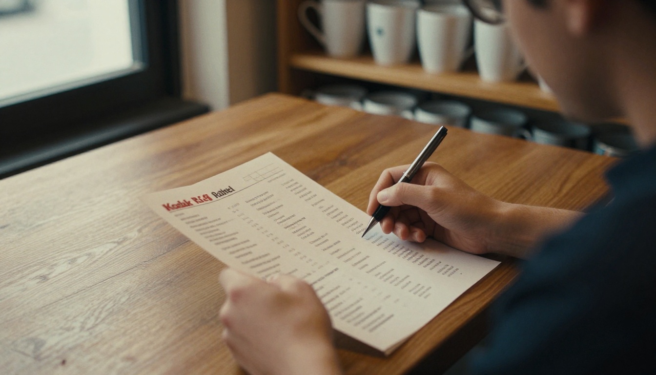 Cafe owner reviewing menu proofs with a pen