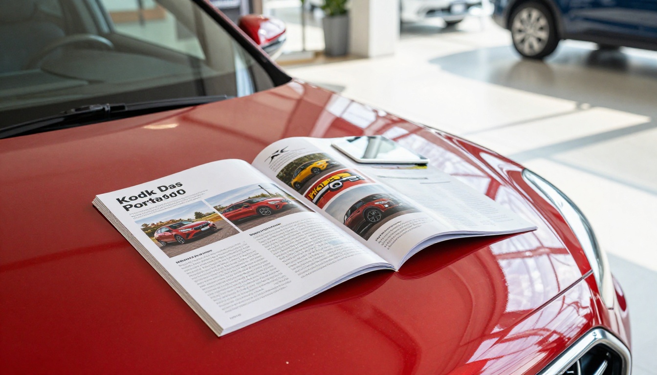 Low-angle view of a printed brochure and a tablet resting on the hood of a red hatchback Low-angle view of a printed brochure and a tablet resting on the hood of a red hatchback