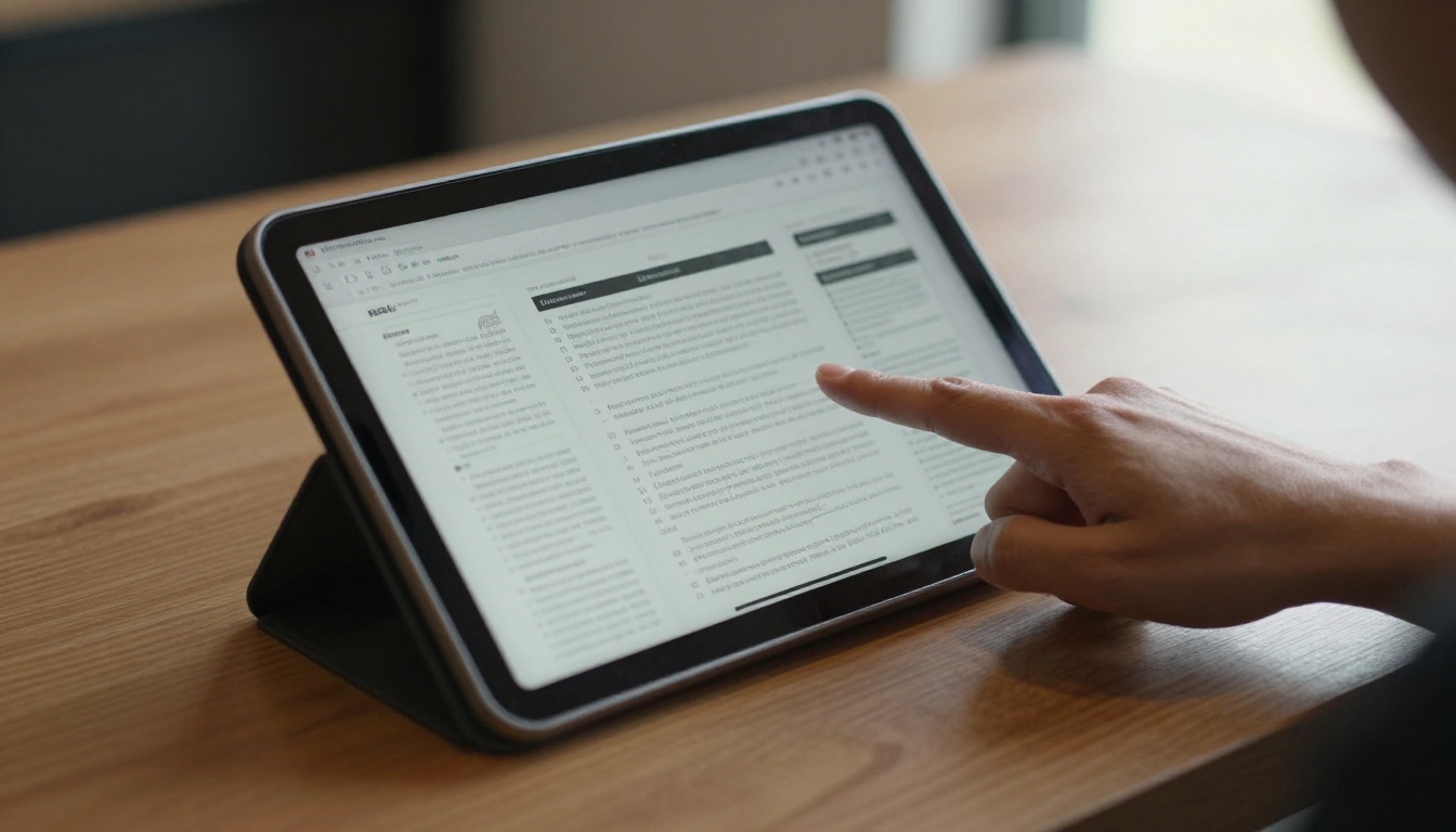 Finger tapping a tablet locked in a kiosk enclosure showing a catalog page