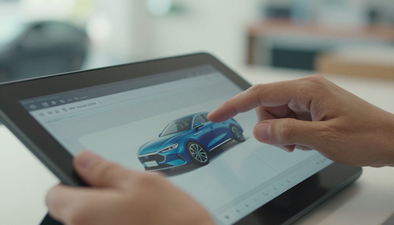 Customer swiping a digital brochure of a blue sedan on a tablet Customer swiping a digital brochure of a blue sedan on a tablet