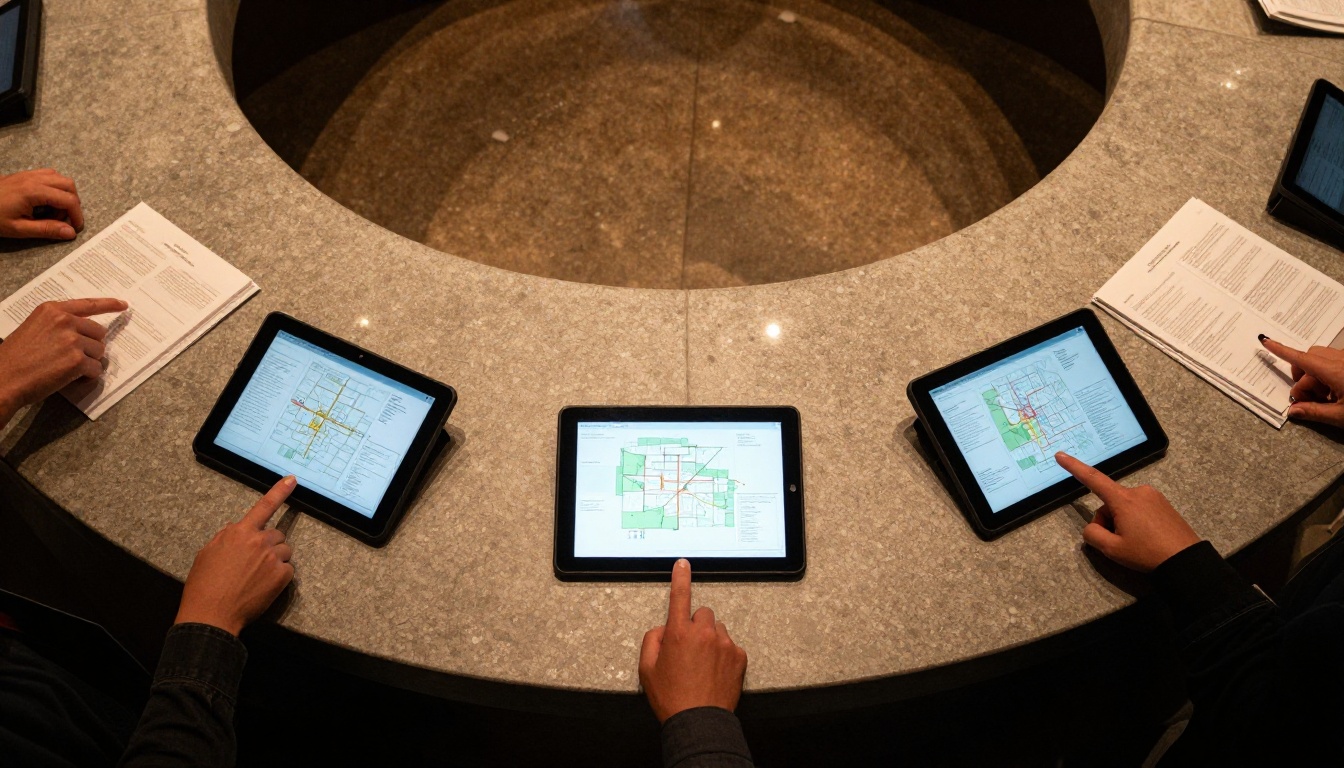 Aerial view of museum desk with three tablets on stands showing PDF maps