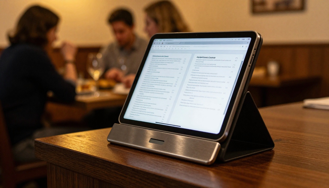 Restaurant host stand with tablet in kiosk enclosure showing a menu