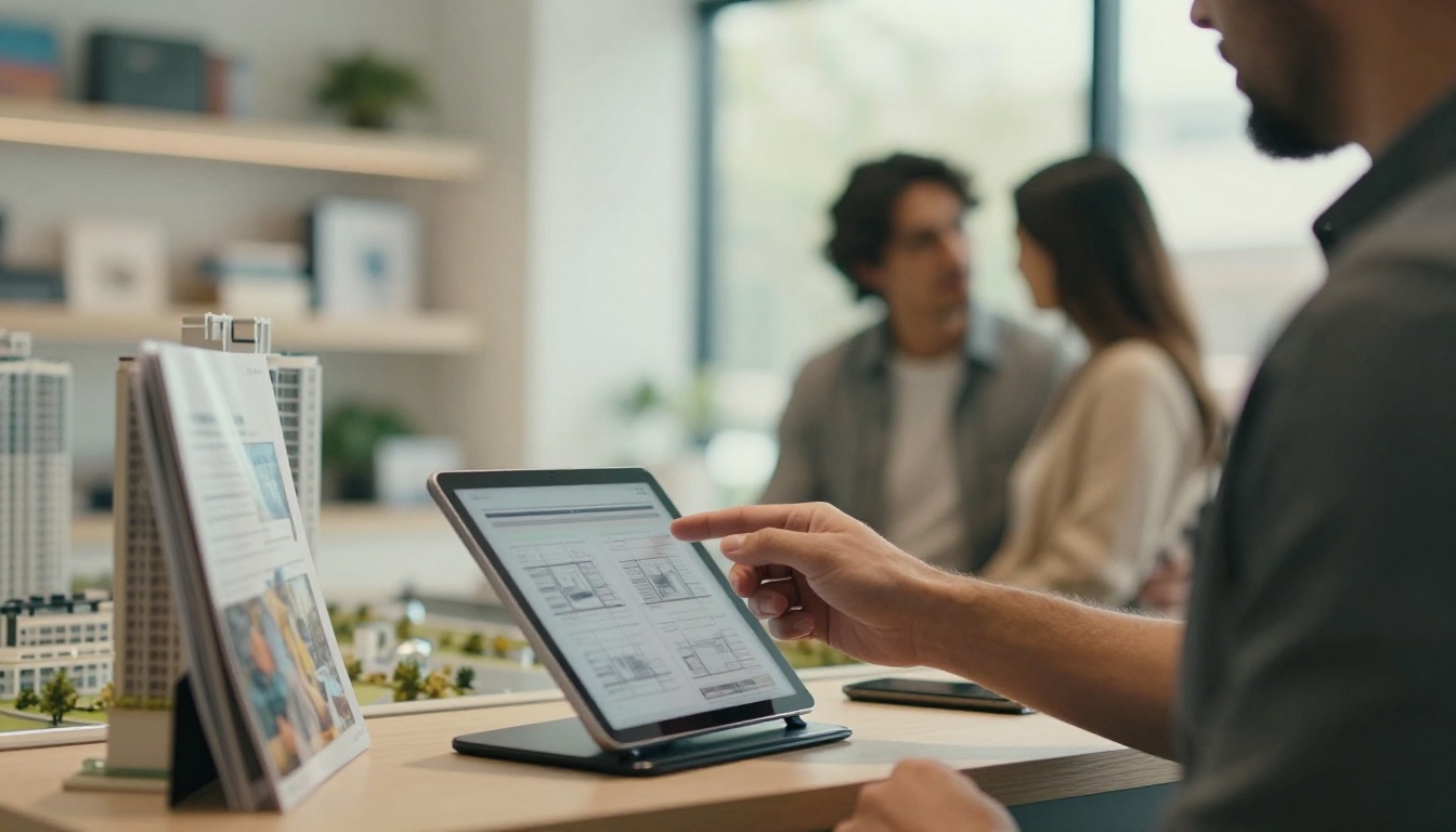 Real estate agent handing a tablet on a swivel stand to a couple