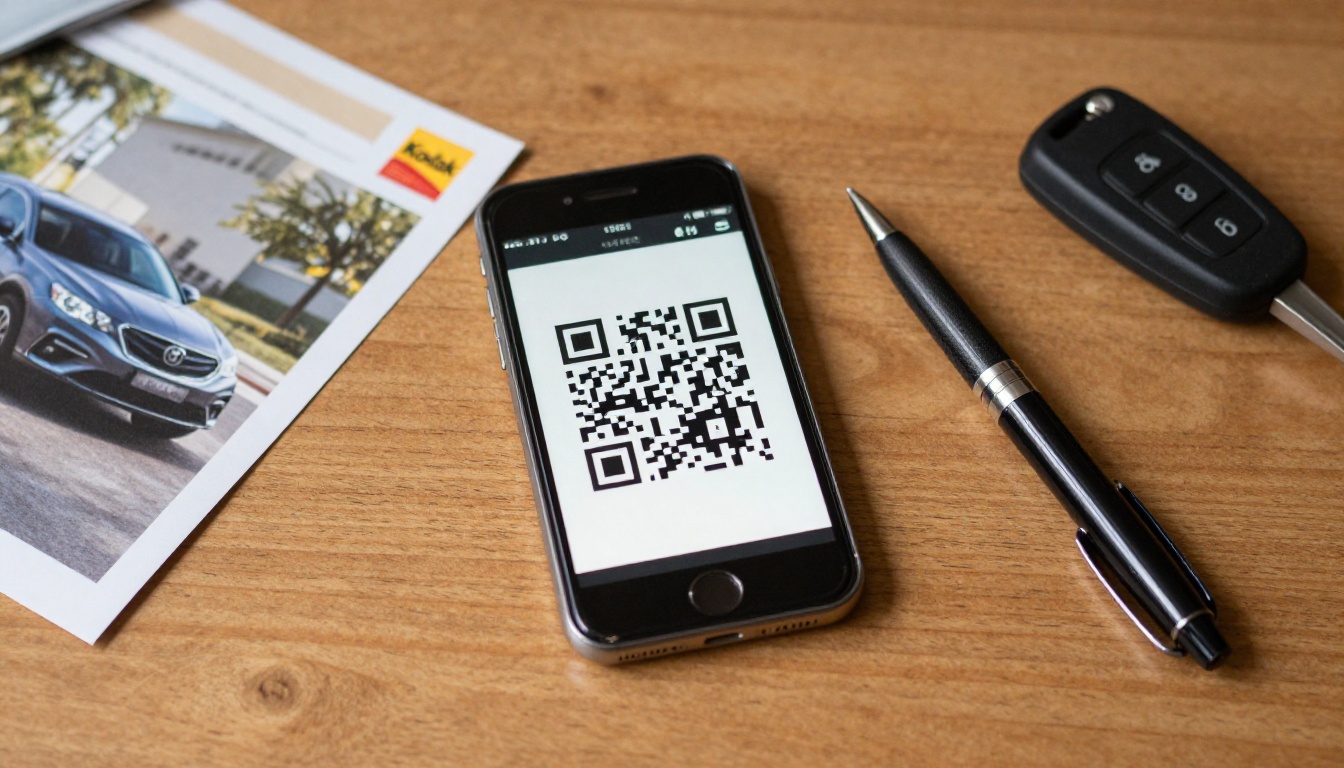 Top-down view of a phone scanning a QR code beside a printed car brochure Top-down view of a phone scanning a QR code beside a printed car brochure
