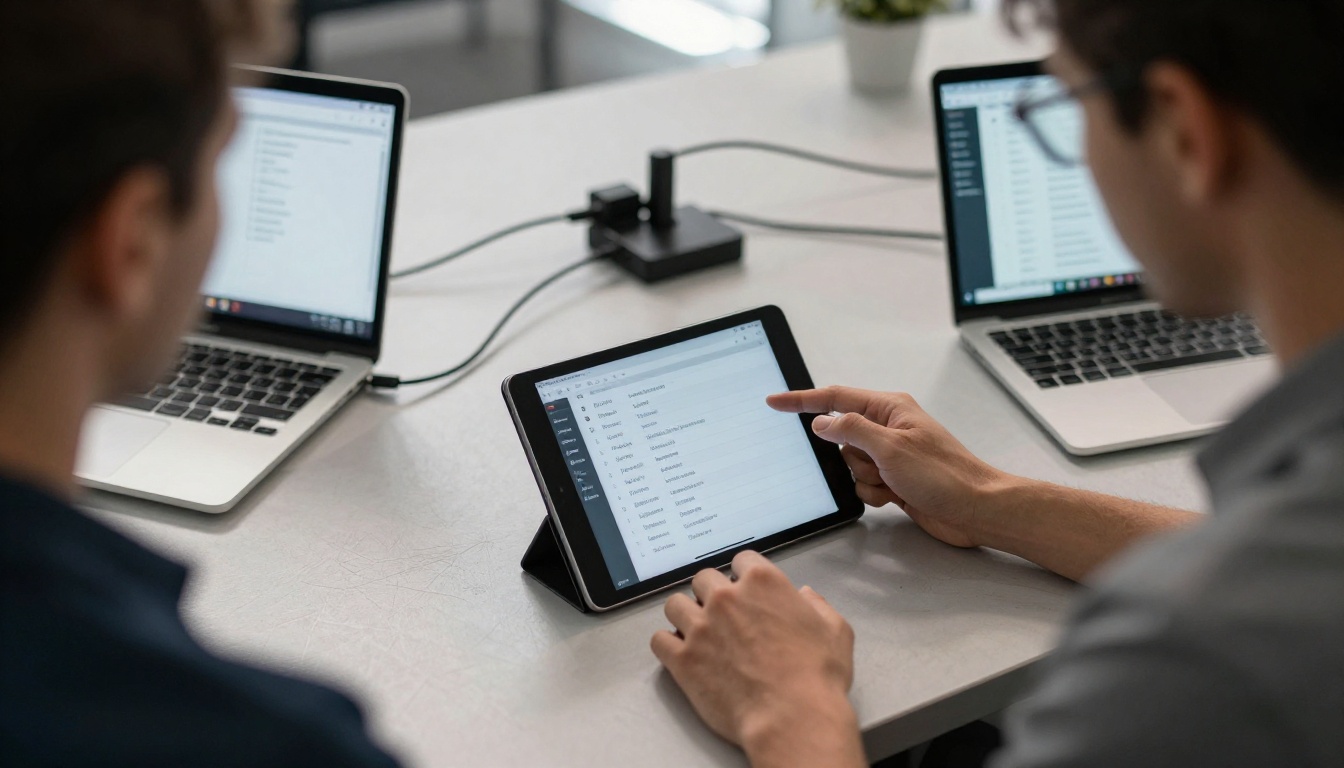 IT administrator configuring a tablet on a workbench