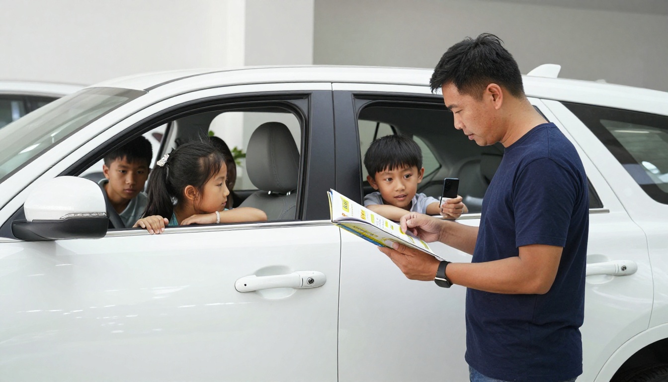Family reviewing a pickup truck brochure on a phone in a showroom Family reviewing a pickup truck brochure on a phone in a showroom