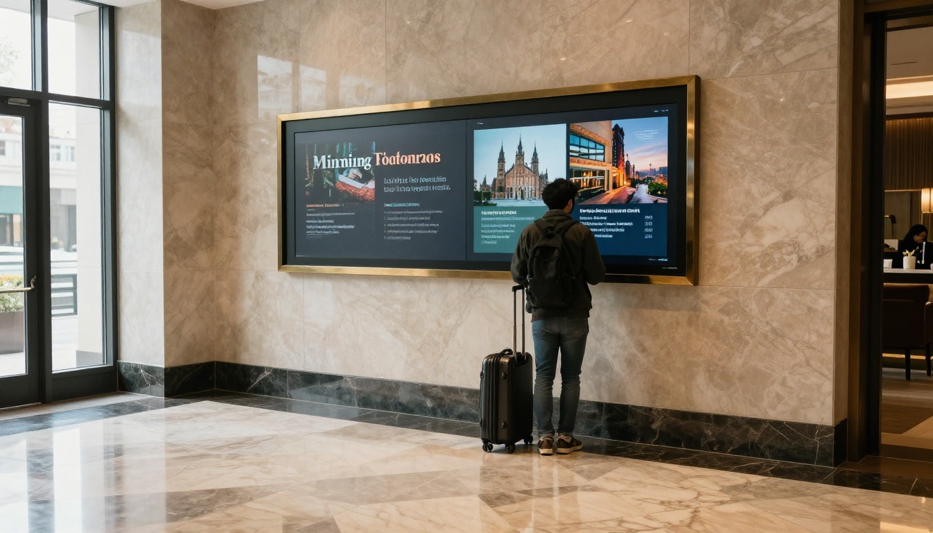 Hotel lobby wall mounted tablet kiosk showing a digital brochure