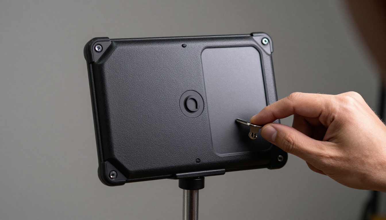 Tablet security enclosure mounted on a pole with a locked back panel