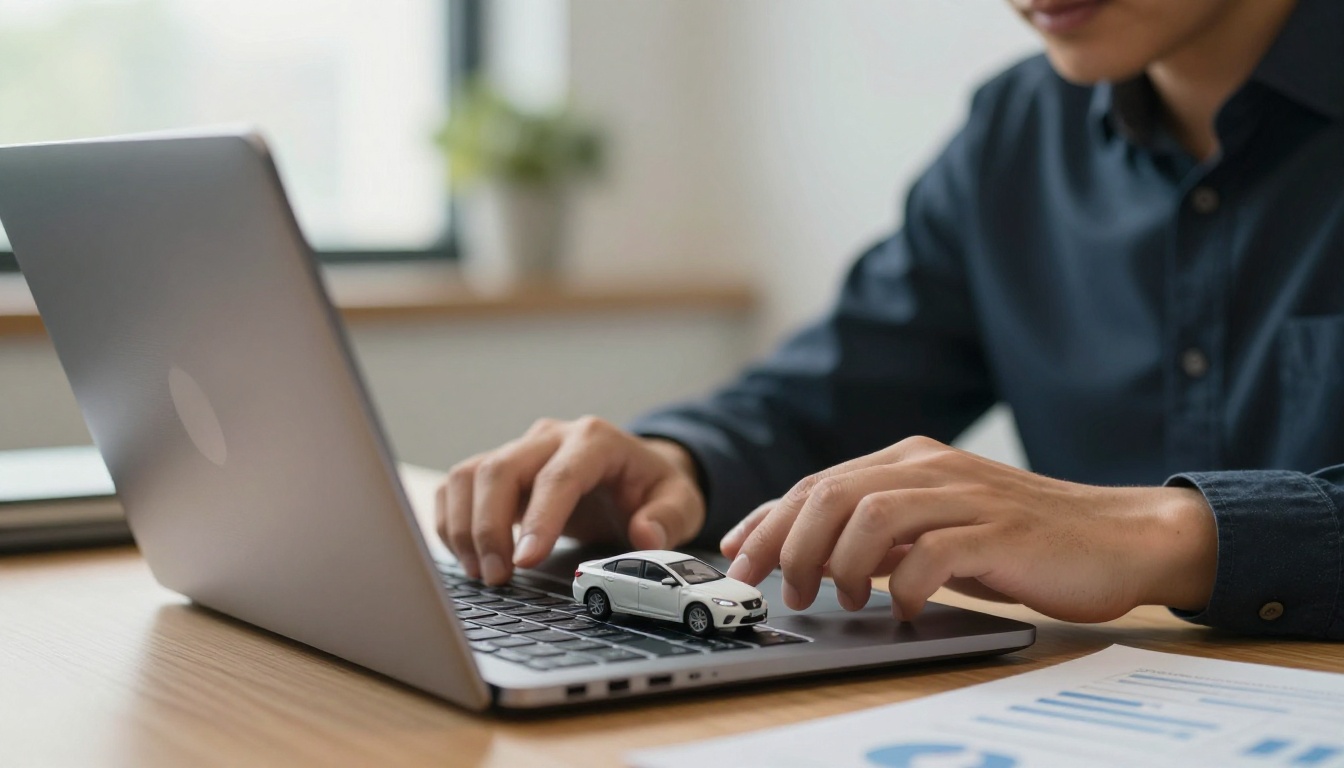 Dealership manager reviewing sales data on a laptop Dealership manager reviewing sales data on a laptop