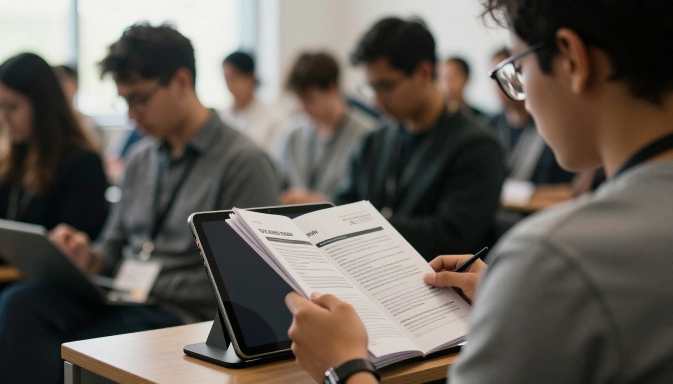 Conference attendee reading a PDF event program on a tablet stand