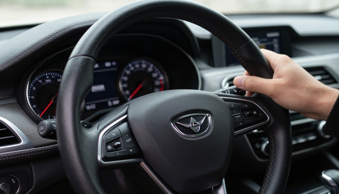 Close-up of a new luxury sedan interior with leather steering wheel and dashboard Close-up of a new luxury sedan interior with leather steering wheel and dashboard