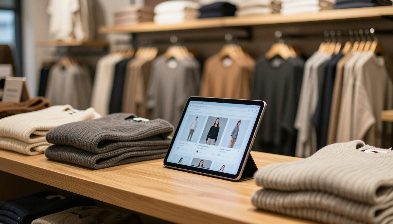 Retail counter tablet showing a digital lookbook next to folded sweaters