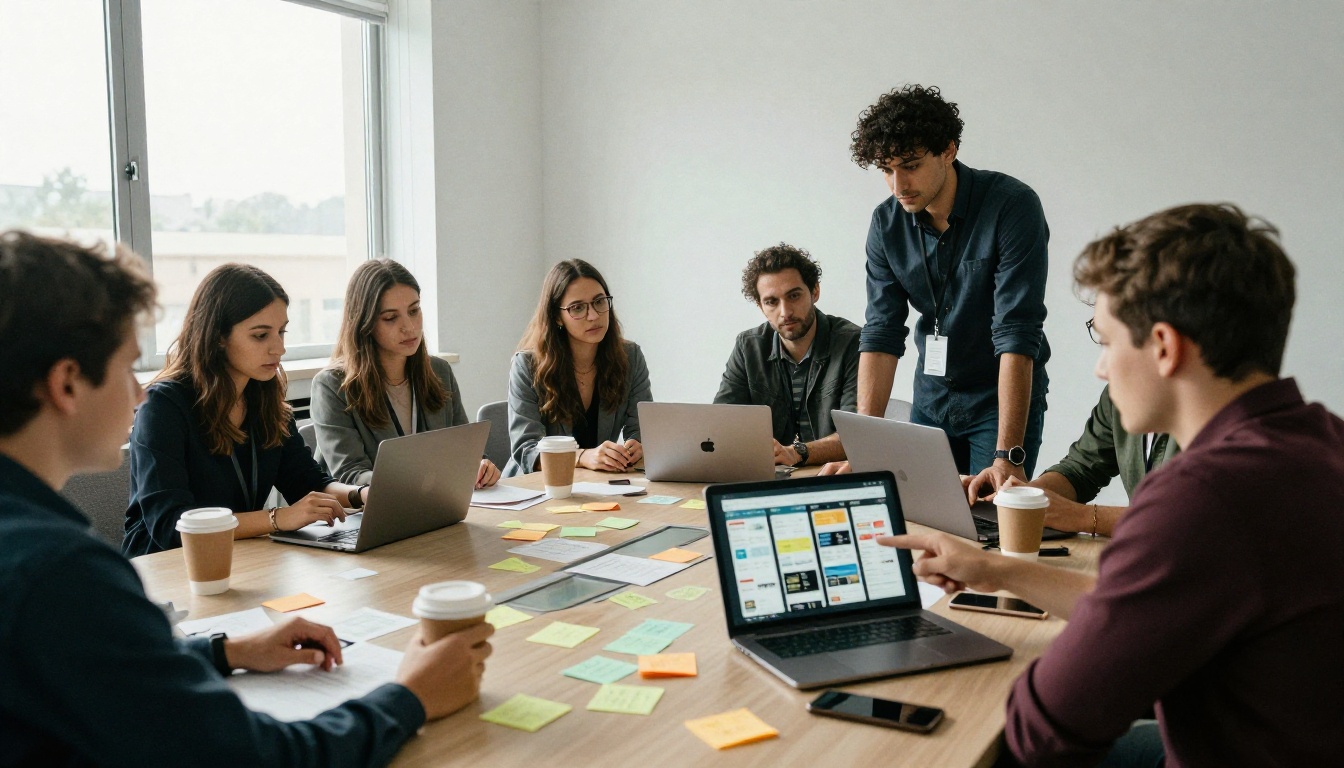 Marketing team comparing kiosk app options around a meeting table