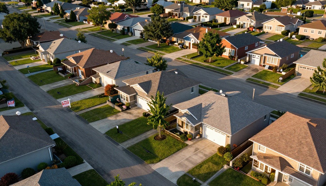 Aerial view of a suburban neighborhood used in a market report