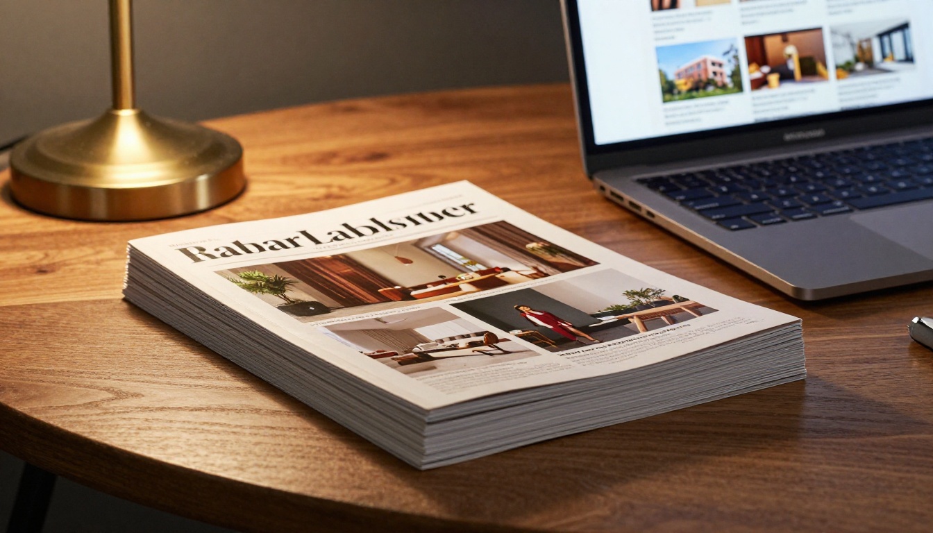 Stack of printed real estate magazines beside a laptop showing a flipbook