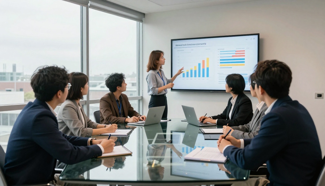 Brokerage team reviewing analytics on a wall monitor