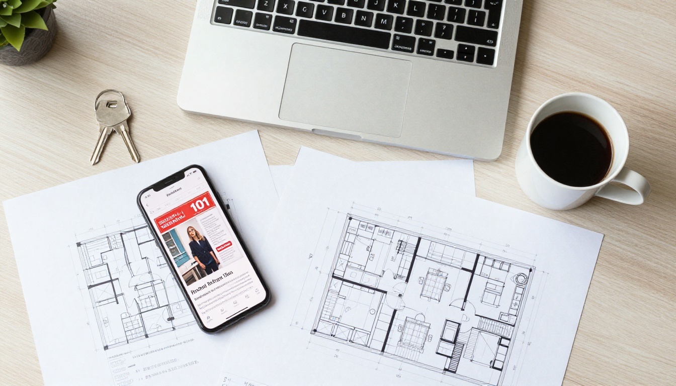 Flat lay of laptop, phone and floor plans on an oak desk