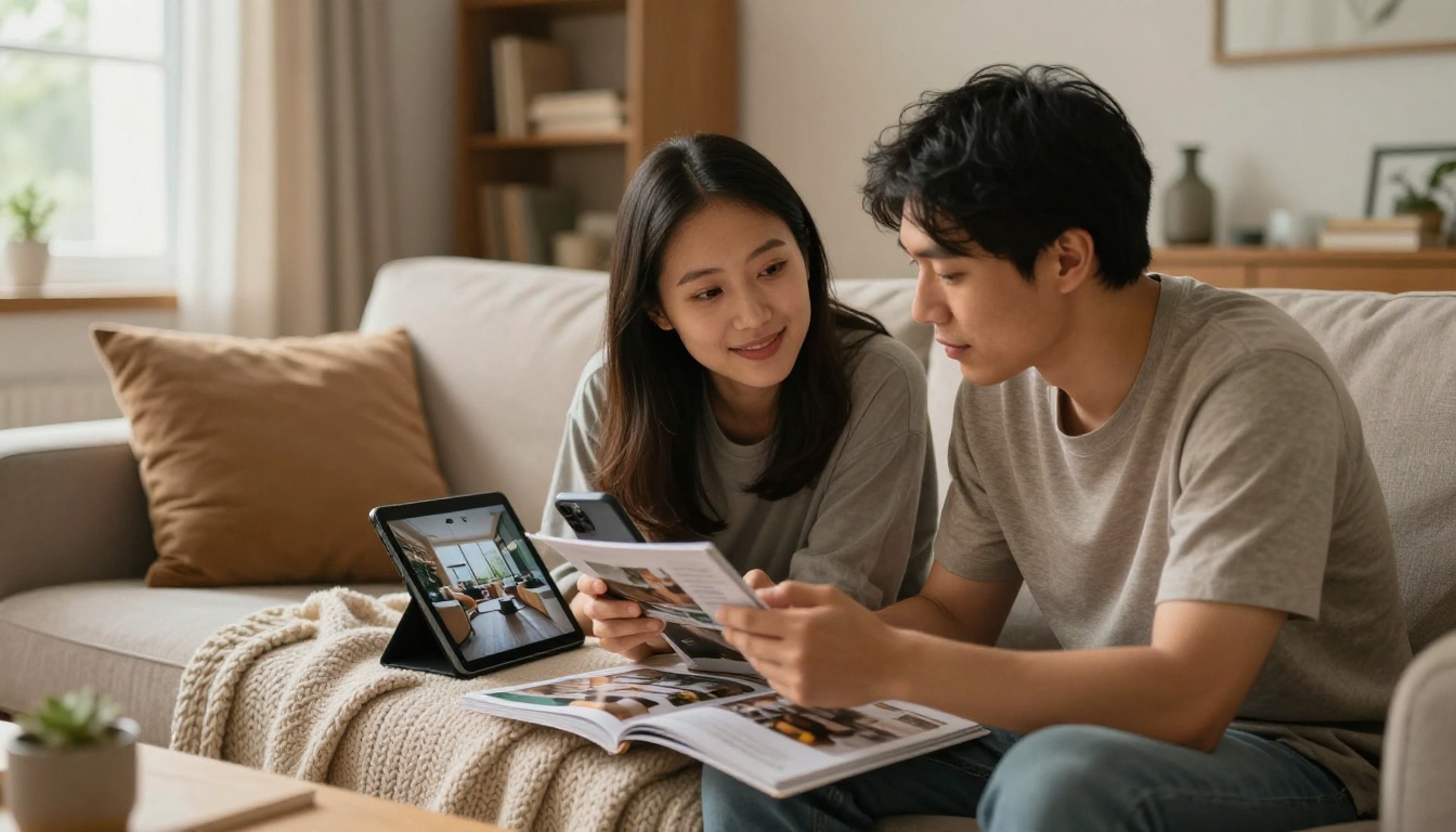 Homebuyer couple reading a property magazine on a tablet