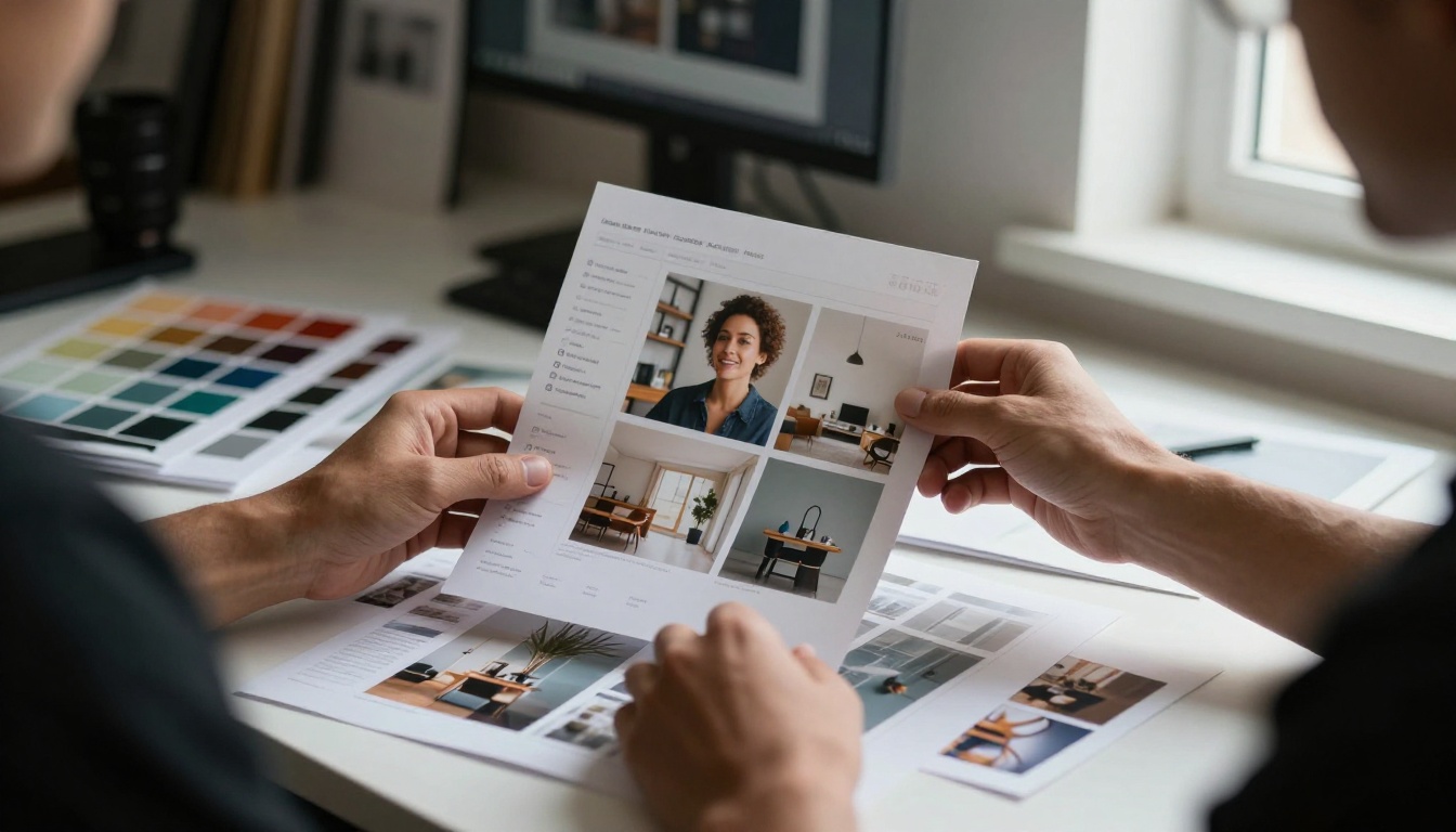 Designer arranging property photos in a magazine layout