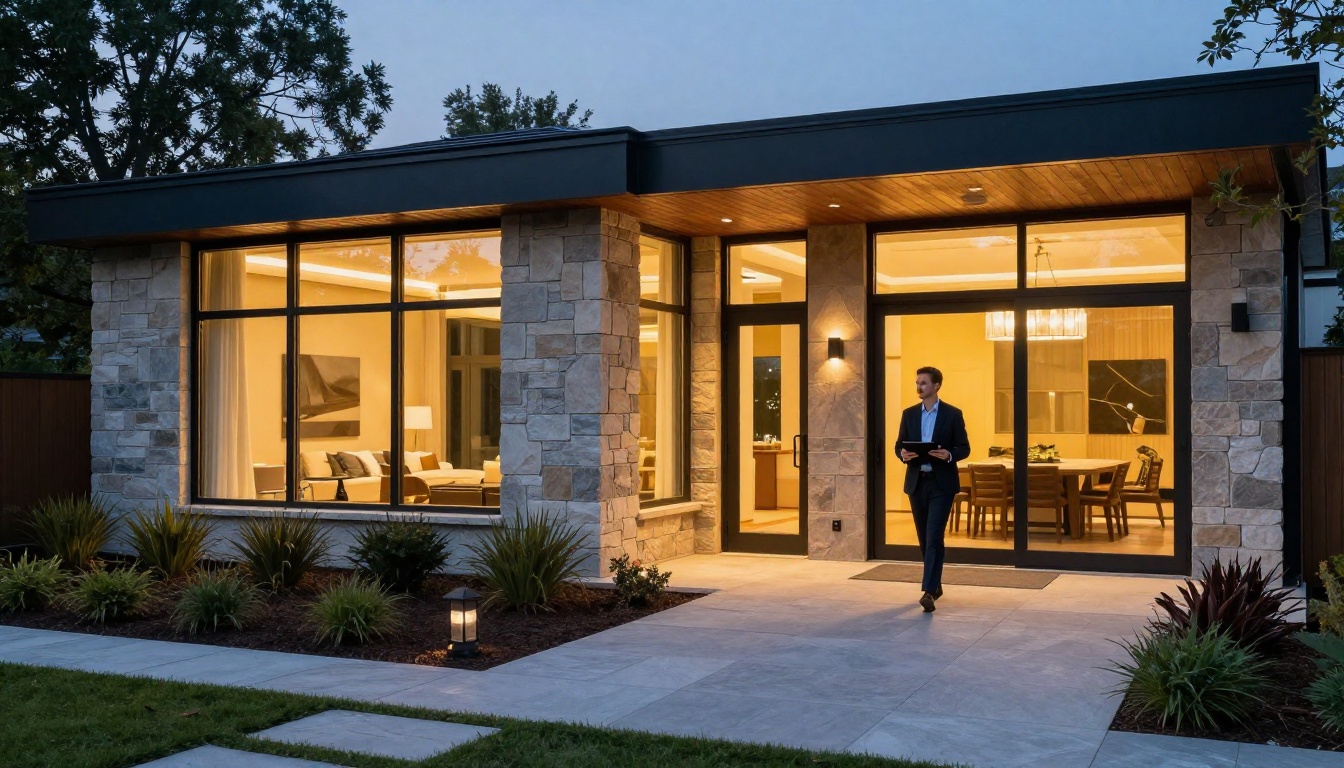 Luxury home exterior at dusk with an agent holding a tablet