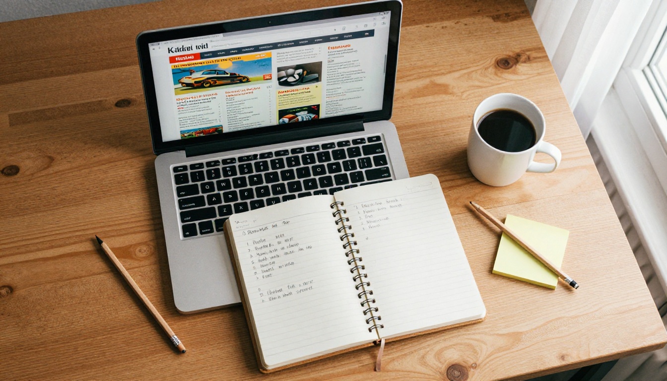 Overhead flat lay of a desk with a laptop showing a newsletter grid