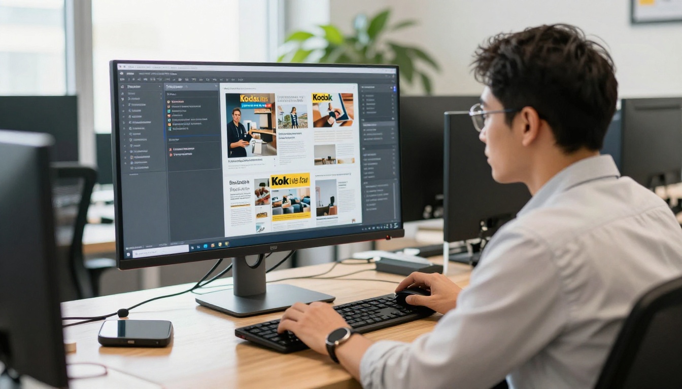 Brokerage owner reviewing a digital magazine at a standing desk